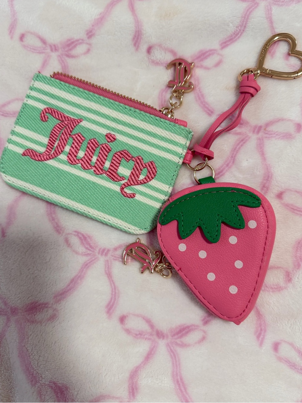Juicy Couture Pink and Mint Green Stripe Coin Pouch with Strawberry Keychain